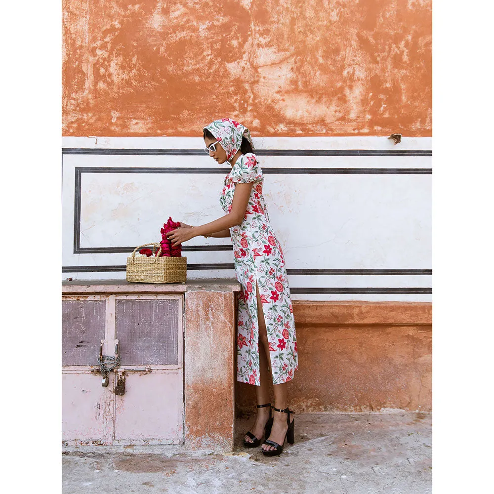 MARCHE Raspberry & Rose White Printed Cotton Midi Dress