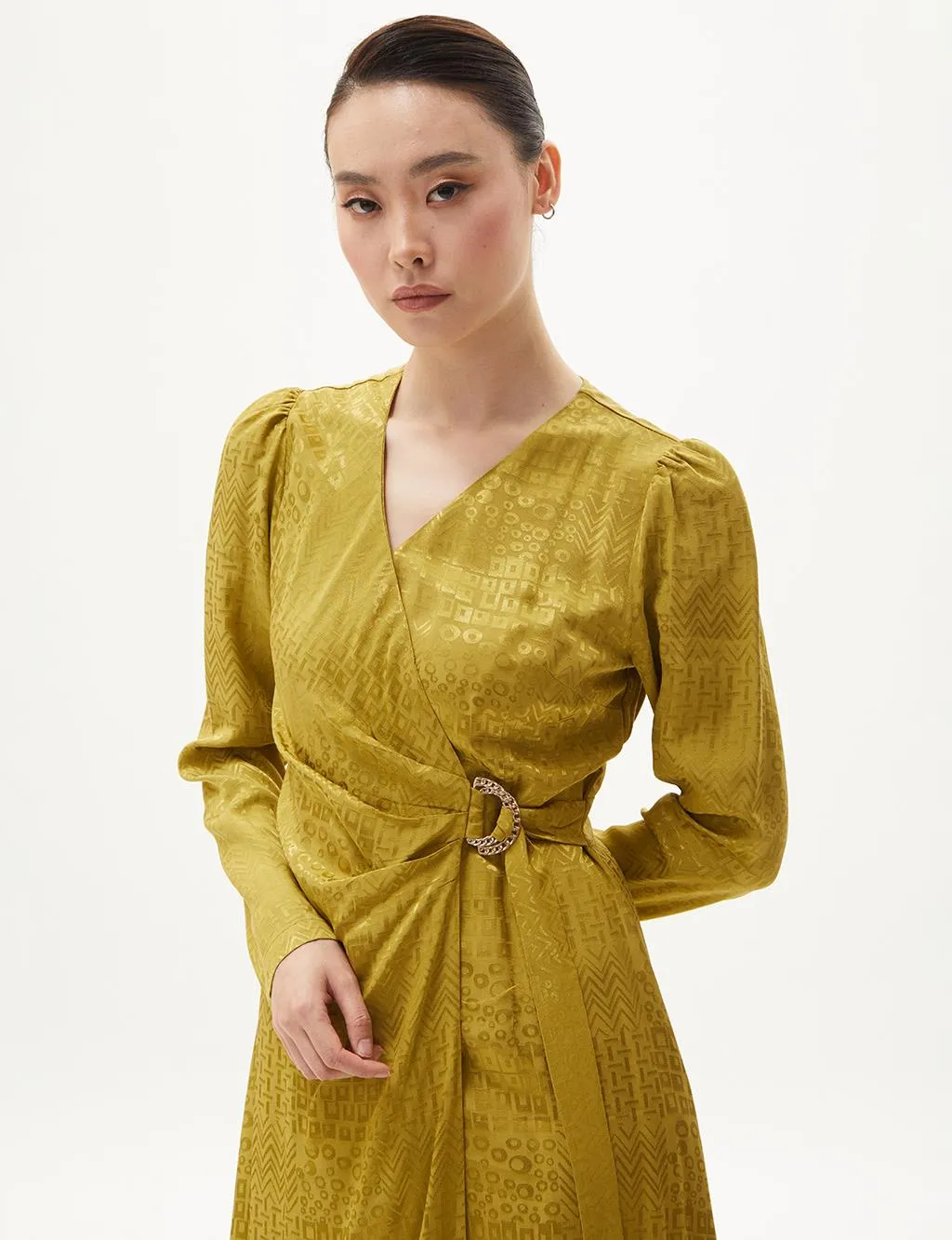 Metal Buckle Detailed Stylish Khaki Dress