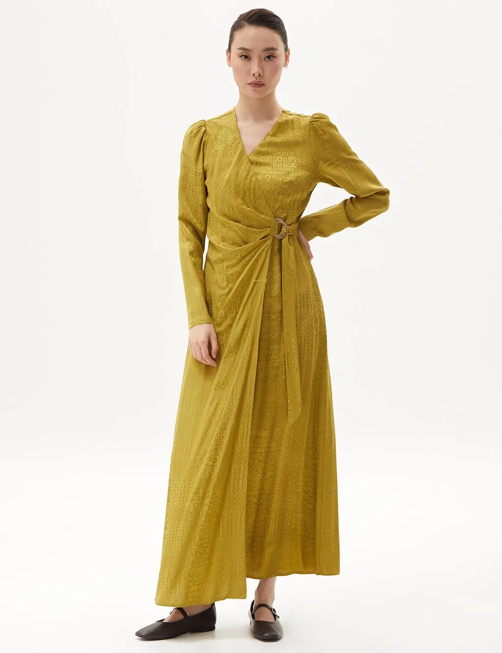 Metal Buckle Detailed Stylish Khaki Dress