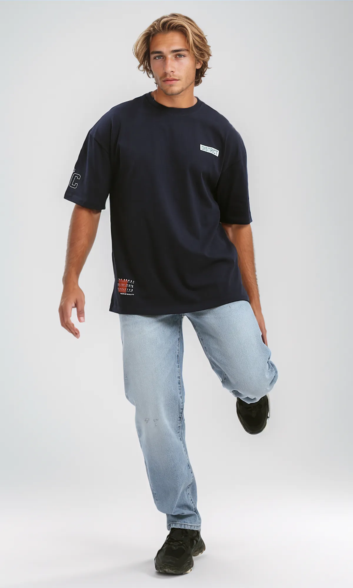 O182907 Navy Blue Casual Tee With Front & Back Print