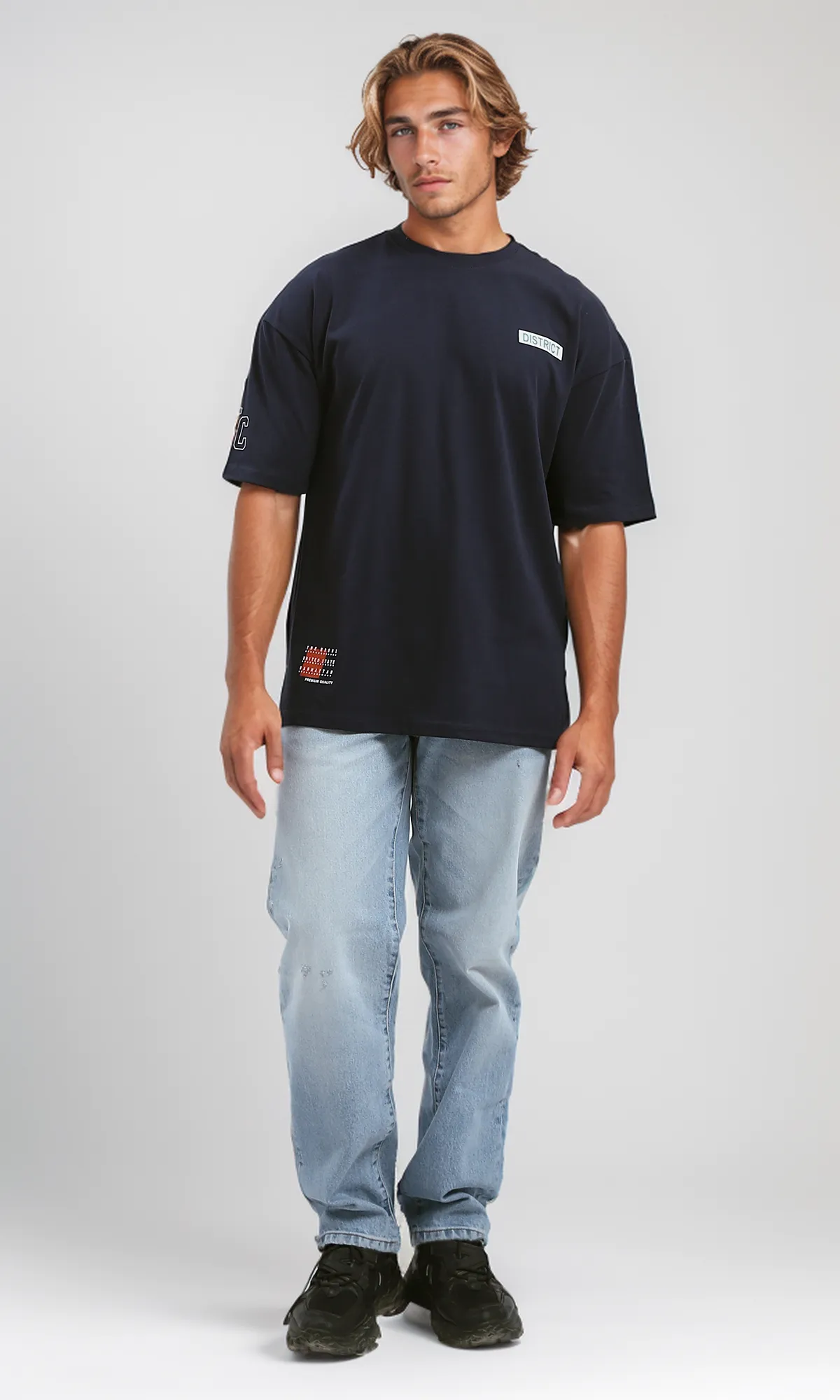 O182907 Navy Blue Casual Tee With Front & Back Print