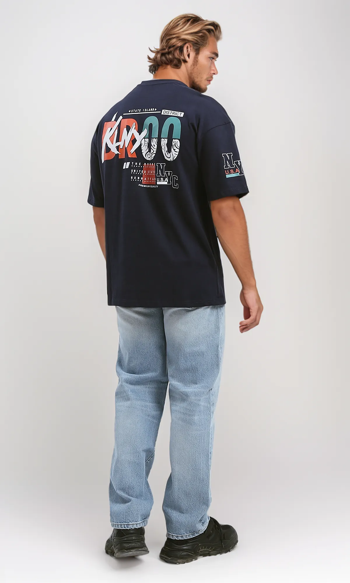 O182907 Navy Blue Casual Tee With Front & Back Print
