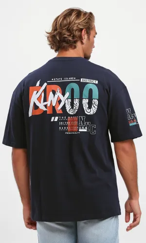 O182907 Navy Blue Casual Tee With Front & Back Print