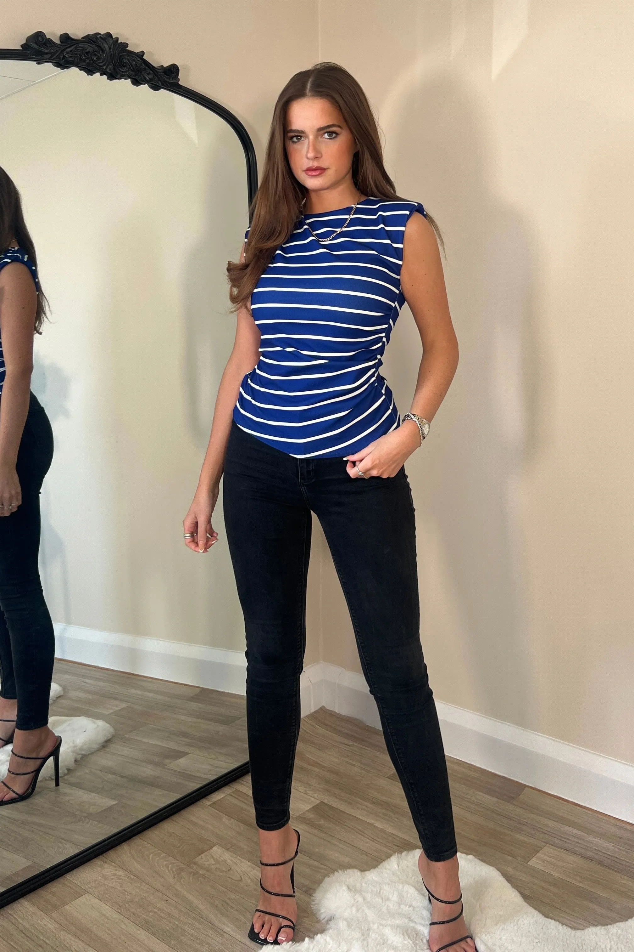 Pari Stripe Ruched Shoulder Pad Top Cobalt
