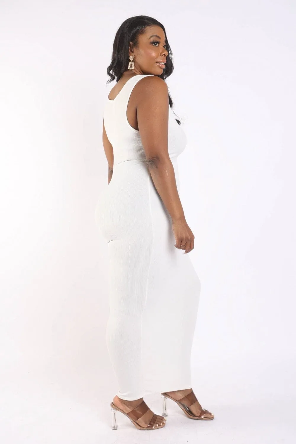 Plus Size Ivory white Sexy Deep U Neck Ribbed Party Wrap Long Maxi Dress