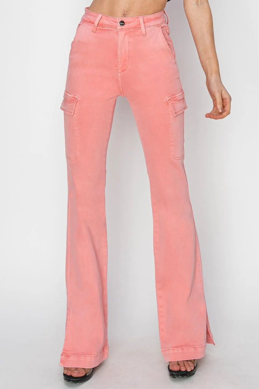 RISEN Full Size High Rise Side Slit Cargo Bootcut Jeans - Flamingo