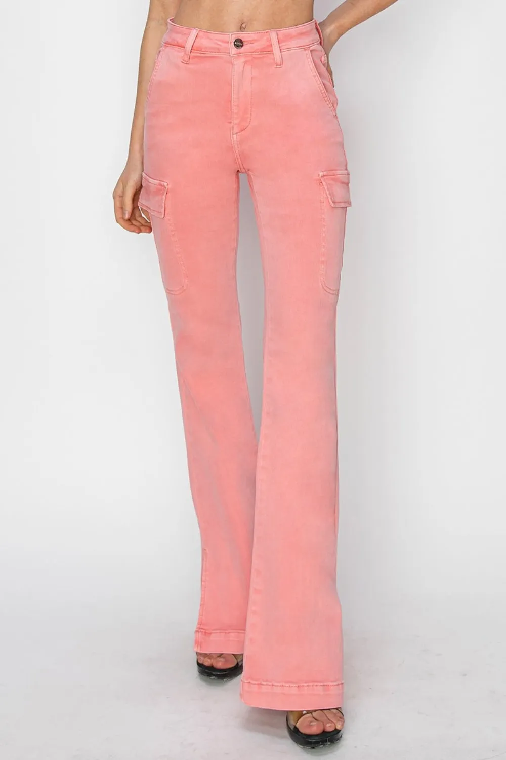 RISEN Full Size High Rise Side Slit Cargo Bootcut Jeans - Flamingo