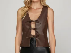 Sleeveless Tie Front Pleather Vest
