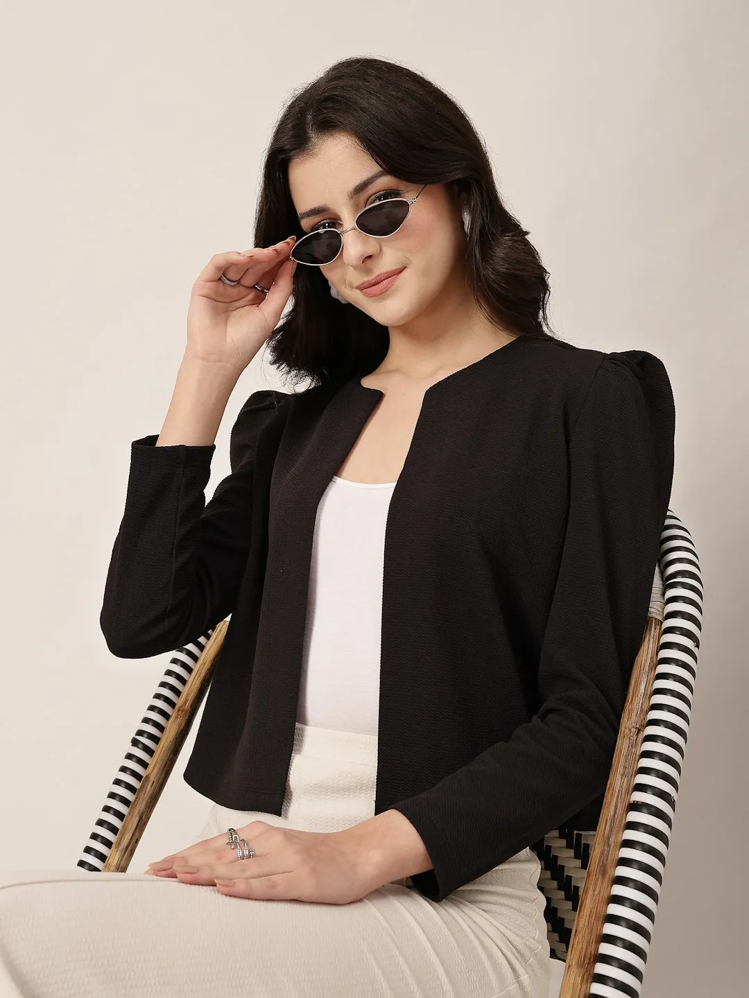 Style Quotient Women Solid Texture Black Regular Fit Open Front Shrug