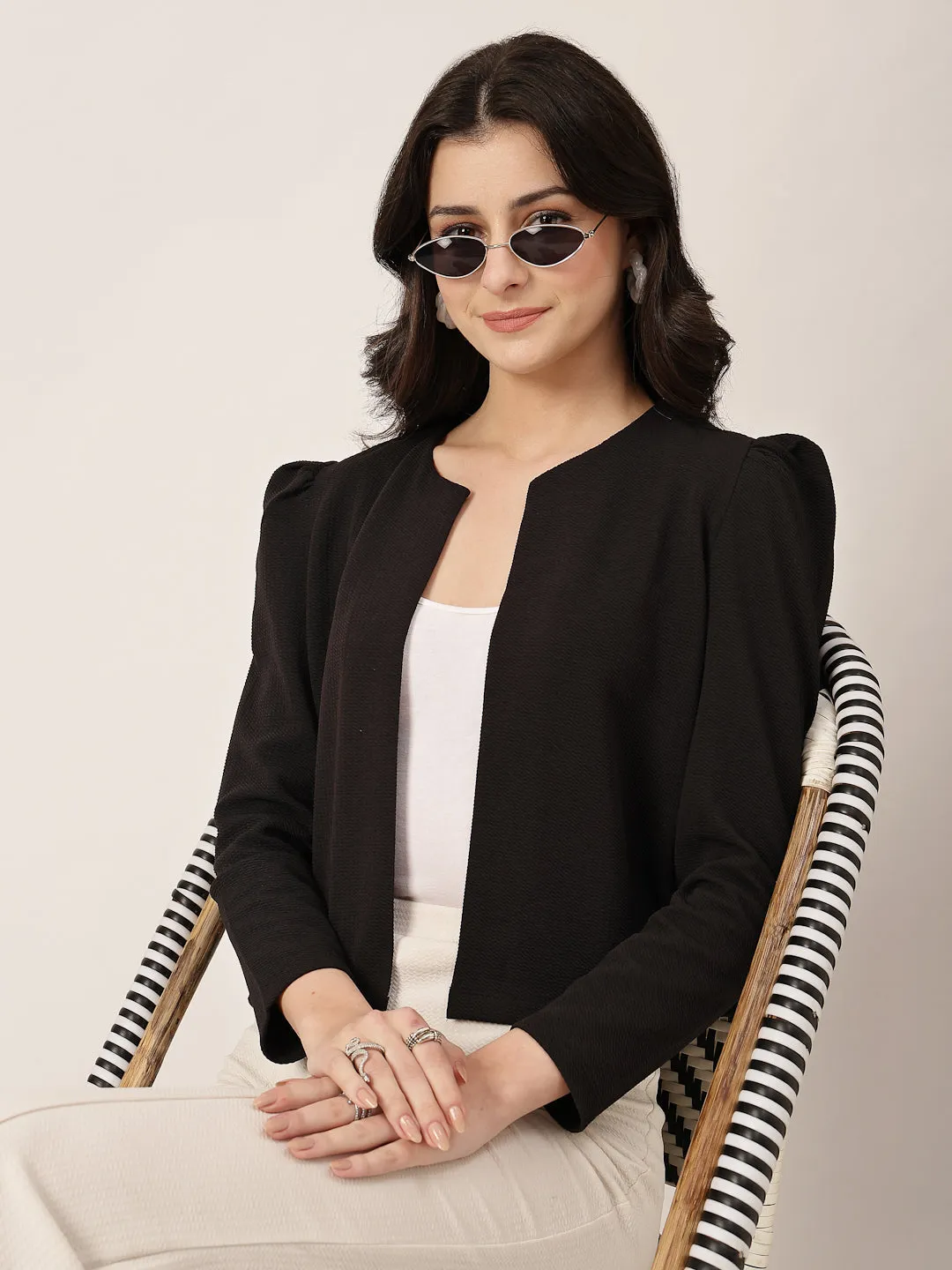 Style Quotient Women Solid Texture Black Regular Fit Open Front Shrug