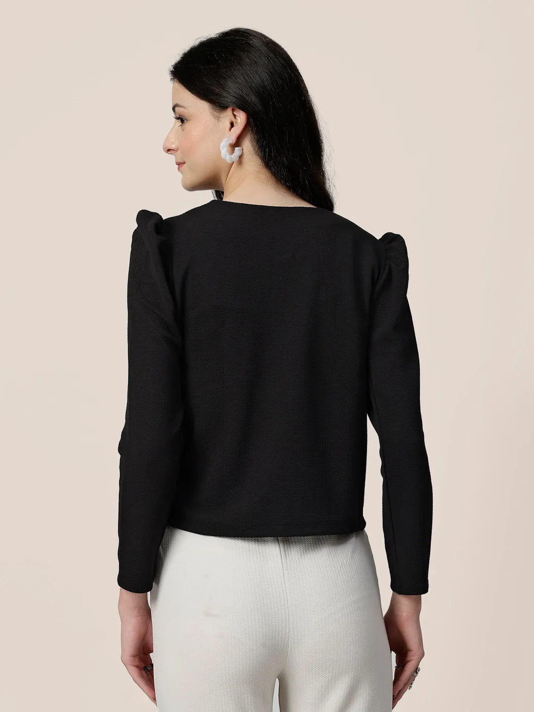 Style Quotient Women Solid Texture Black Regular Fit Open Front Shrug