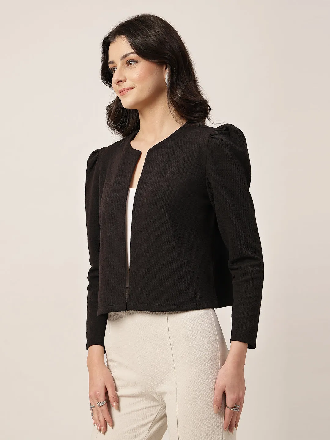 Style Quotient Women Solid Texture Black Regular Fit Open Front Shrug