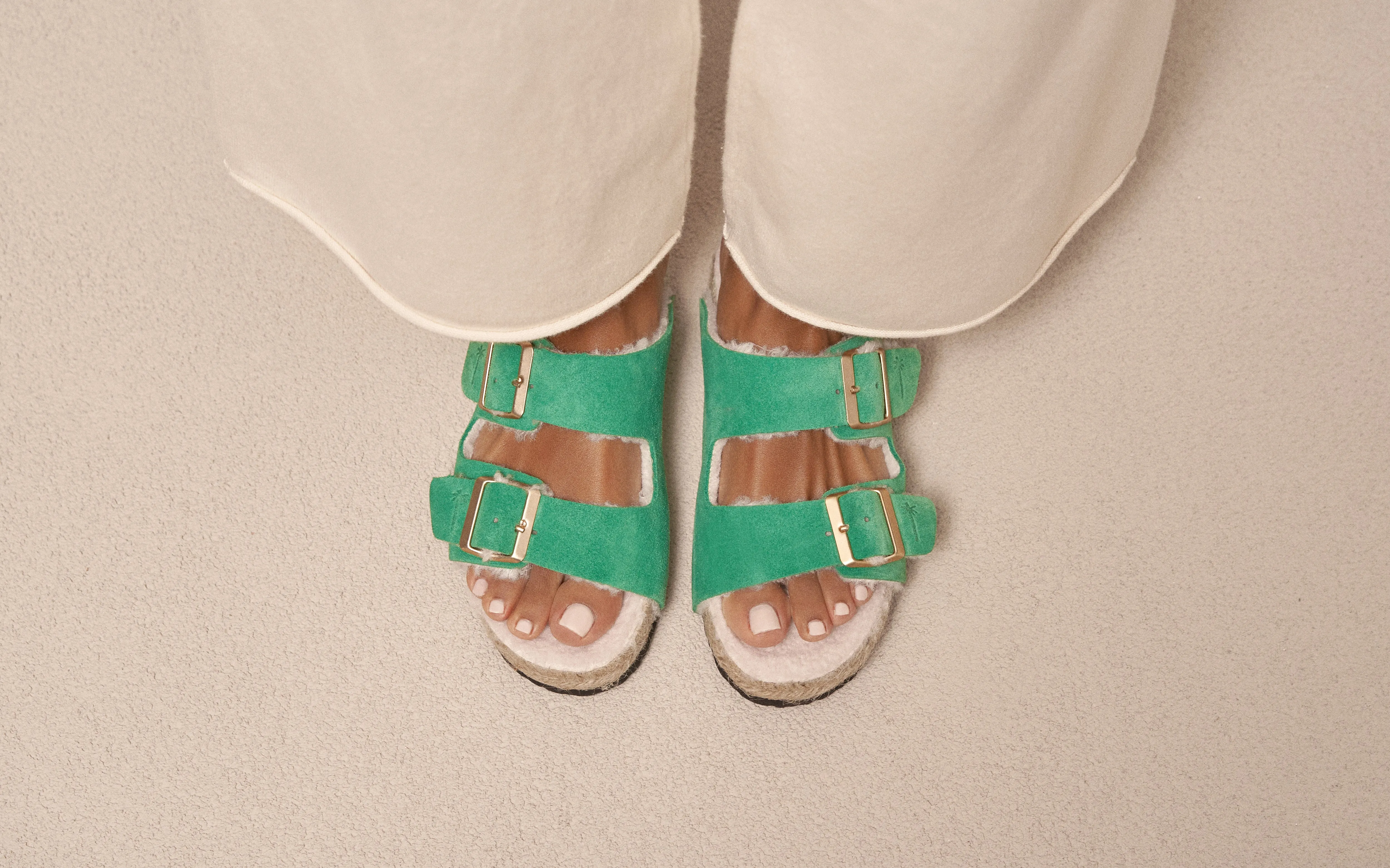 Suede With Faux Fur Nordic Sandals - R35RF - Cortina Palm Green With Gold Buckles