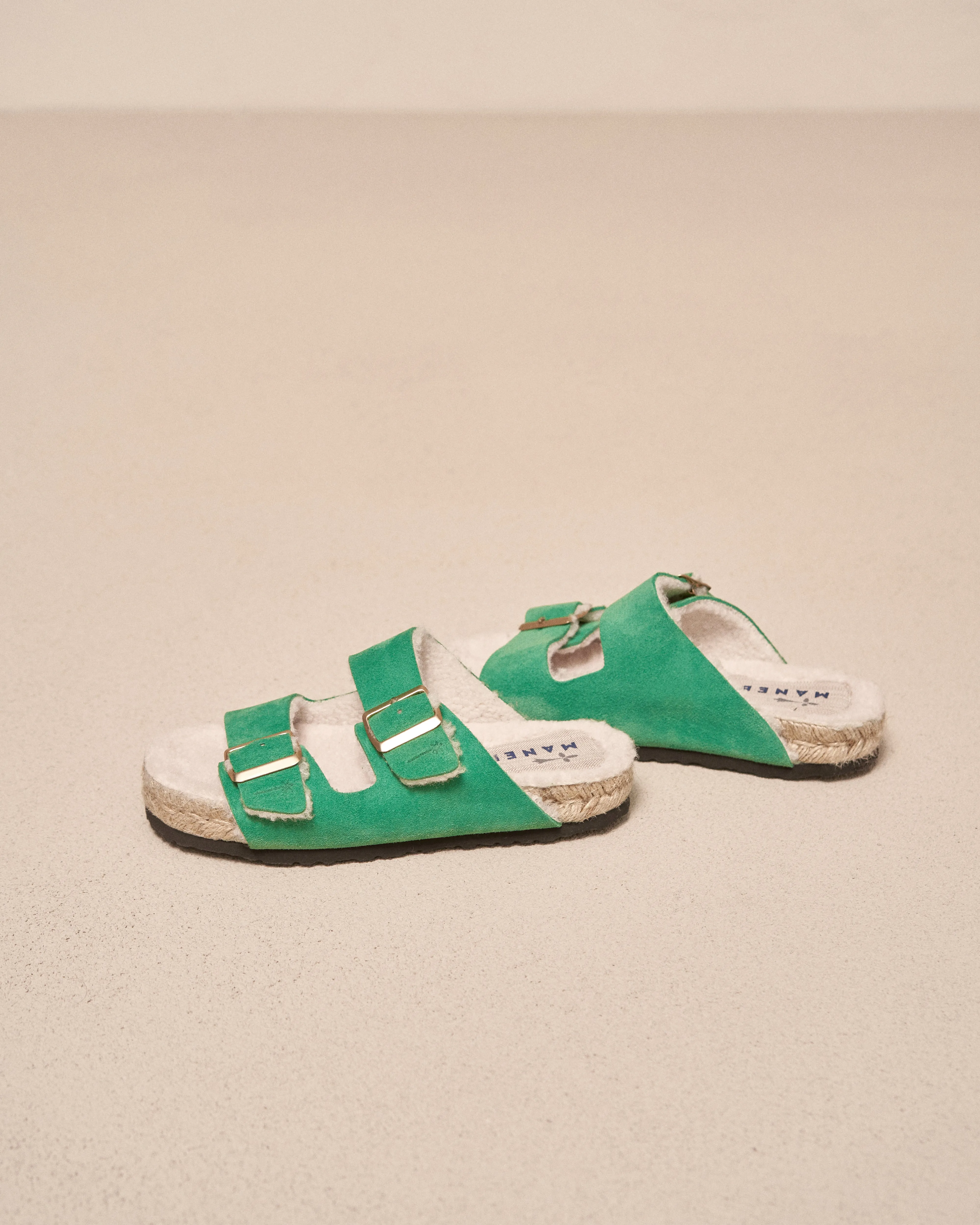 Suede With Faux Fur Nordic Sandals - R35RF - Cortina Palm Green With Gold Buckles