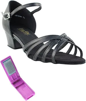 Very Fine Dance Shoes - Ladies Practice, Cuban Low Heel Ballroom Dance Shoes - 802-1.5-inch Heel and Foldable Brush Bundle - Black Leather - 9