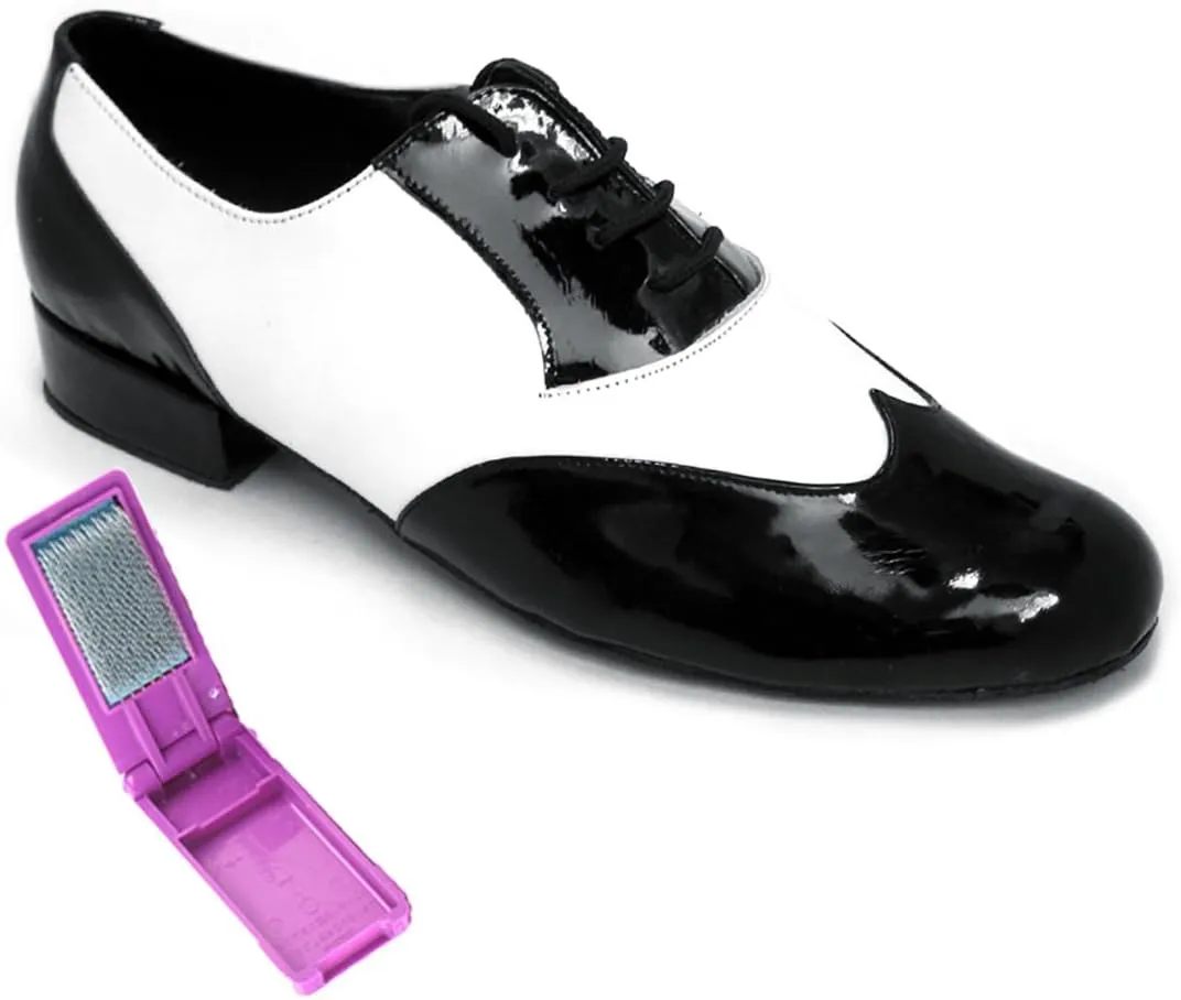 Very Fine Dance Shoes - Mens Standard, Smooth, Waltz Ballroom Dance Shoes - M100101-1-inch Heel and Foldable Brush Bundle - Black Patent - White Leather - 11.5