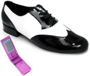 Very Fine Dance Shoes - Mens Standard, Smooth, Waltz Ballroom Dance Shoes - M100101-1-inch Heel and Foldable Brush Bundle - Black Patent - White Leather - 11.5