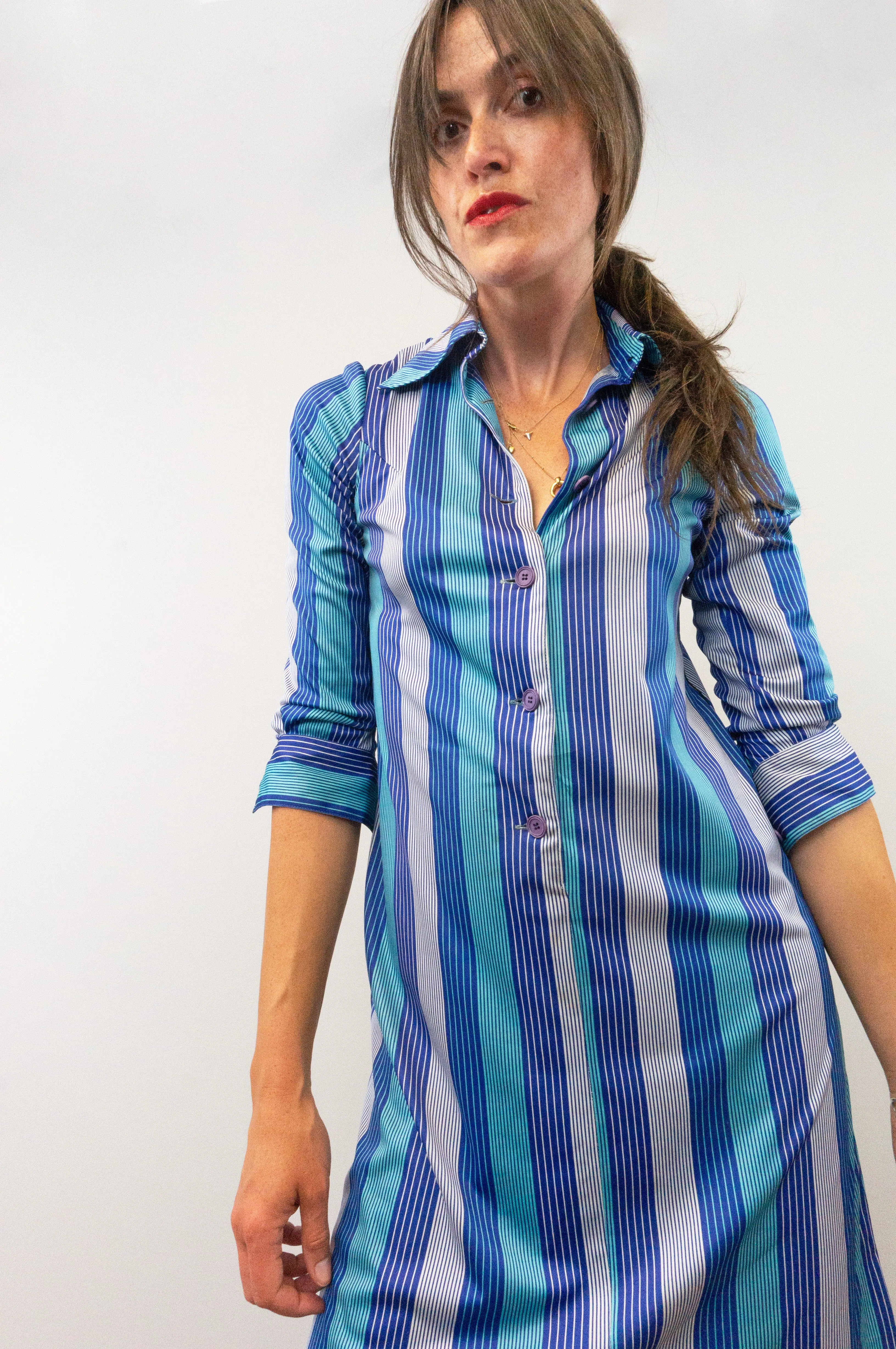 Vintage 80s Pinstripe Midi Shirt Dress