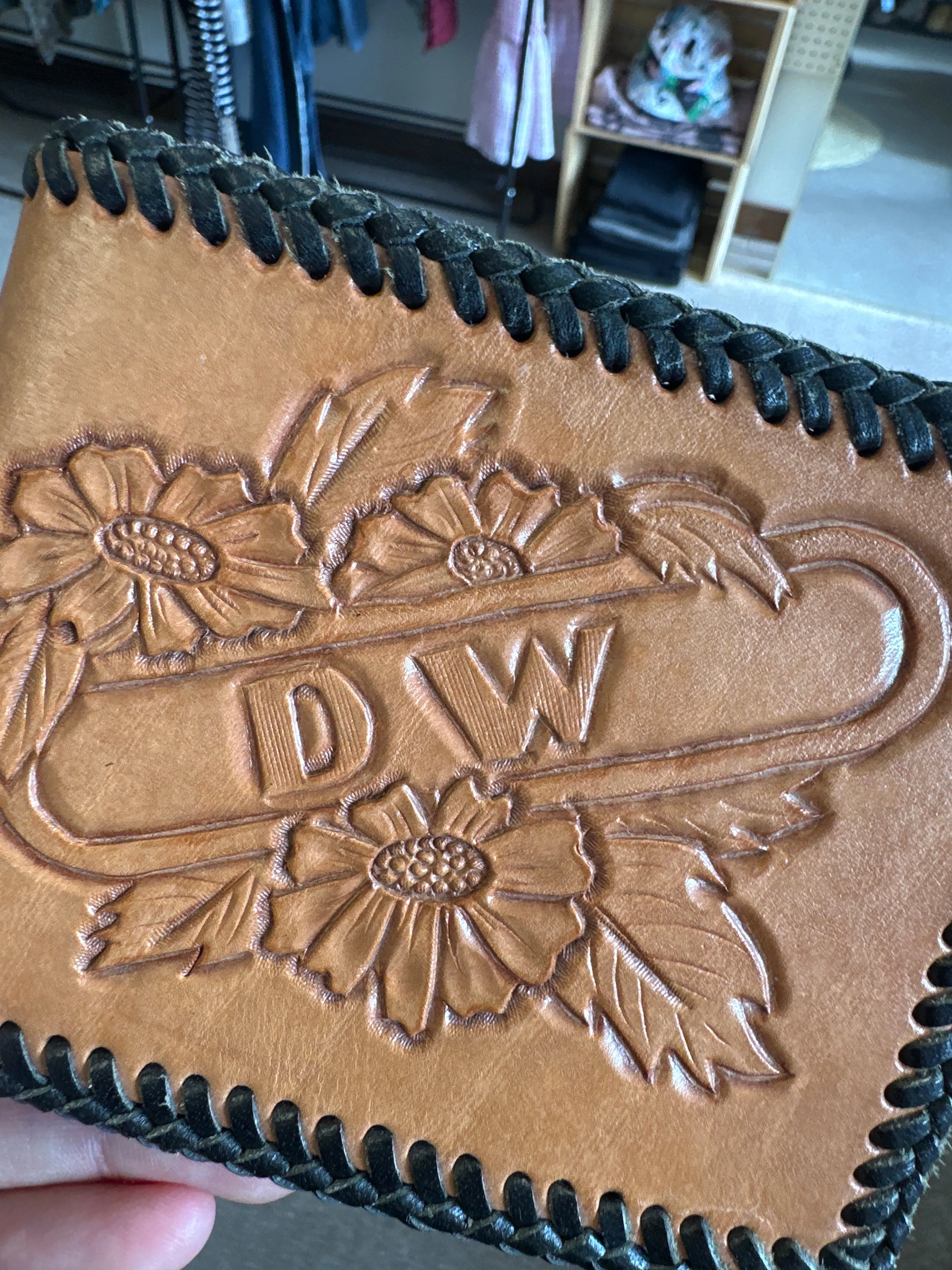 Vintage Hand Carved DW Initial Leather Wallet
