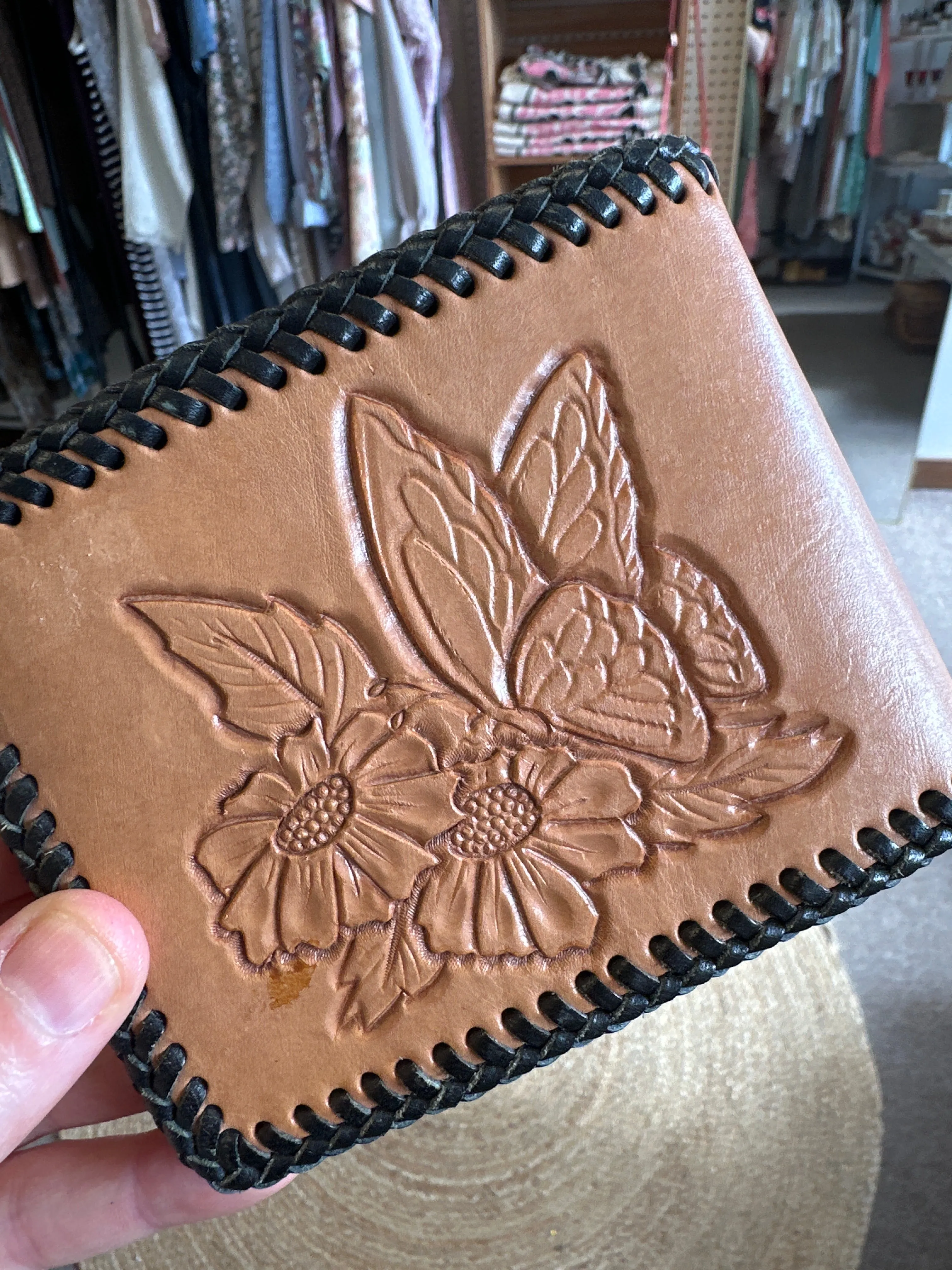 Vintage Hand Carved DW Initial Leather Wallet