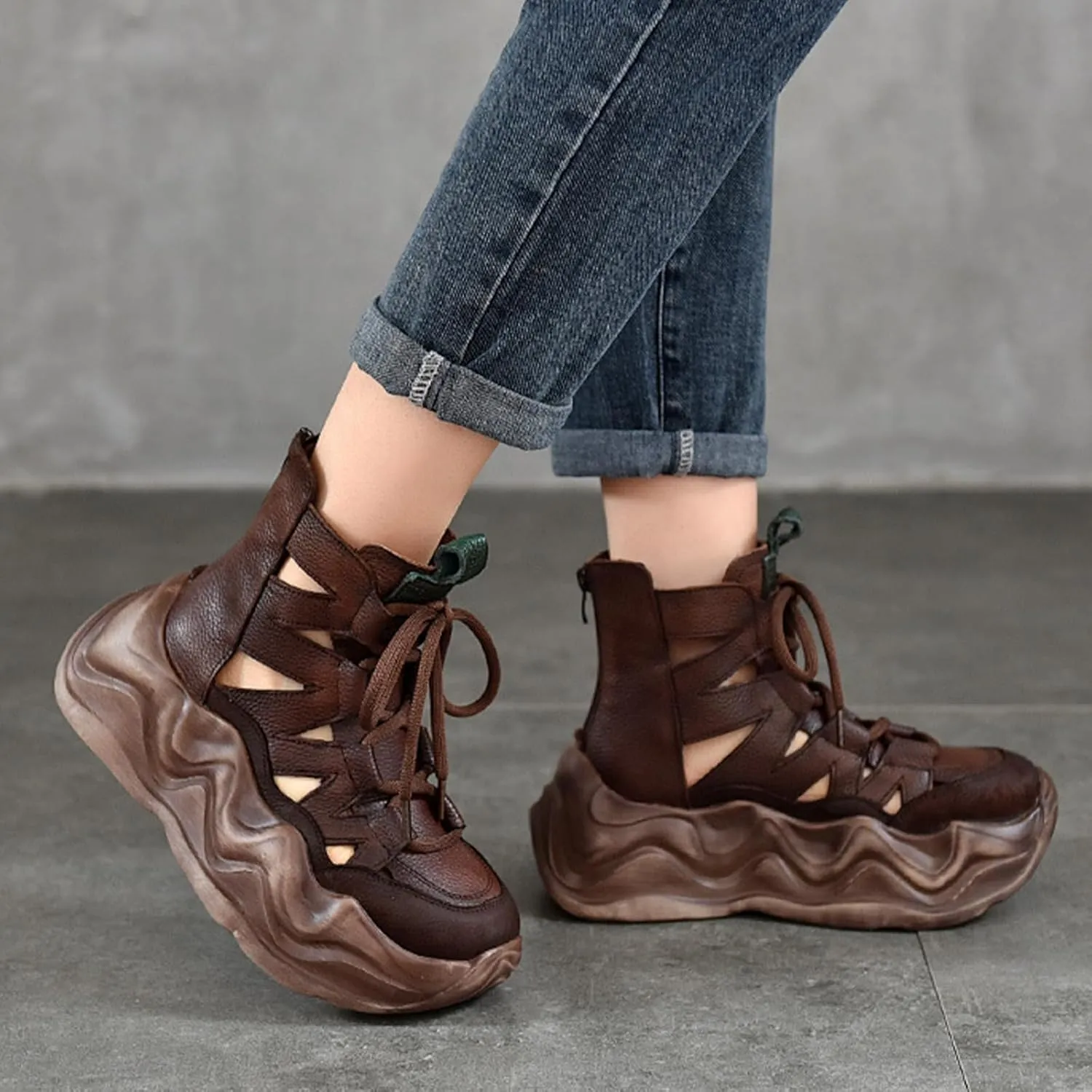 Women's Genuine Leather High Top Lace-Up Platform Rome Sandals With Side Zipper Retro Summe Breathable Hollow out Comfortable Chunky wedge Closed toe Casual Gladiator Boots for Mam walking work
