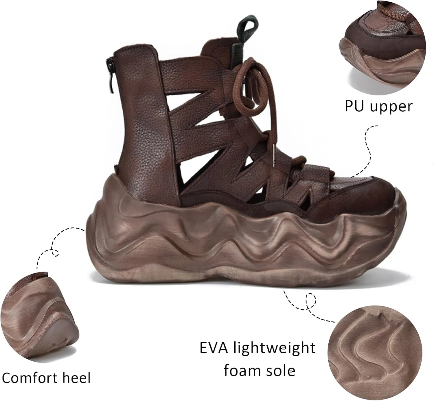 Women's Genuine Leather High Top Lace-Up Platform Rome Sandals With Side Zipper Retro Summe Breathable Hollow out Comfortable Chunky wedge Closed toe Casual Gladiator Boots for Mam walking work