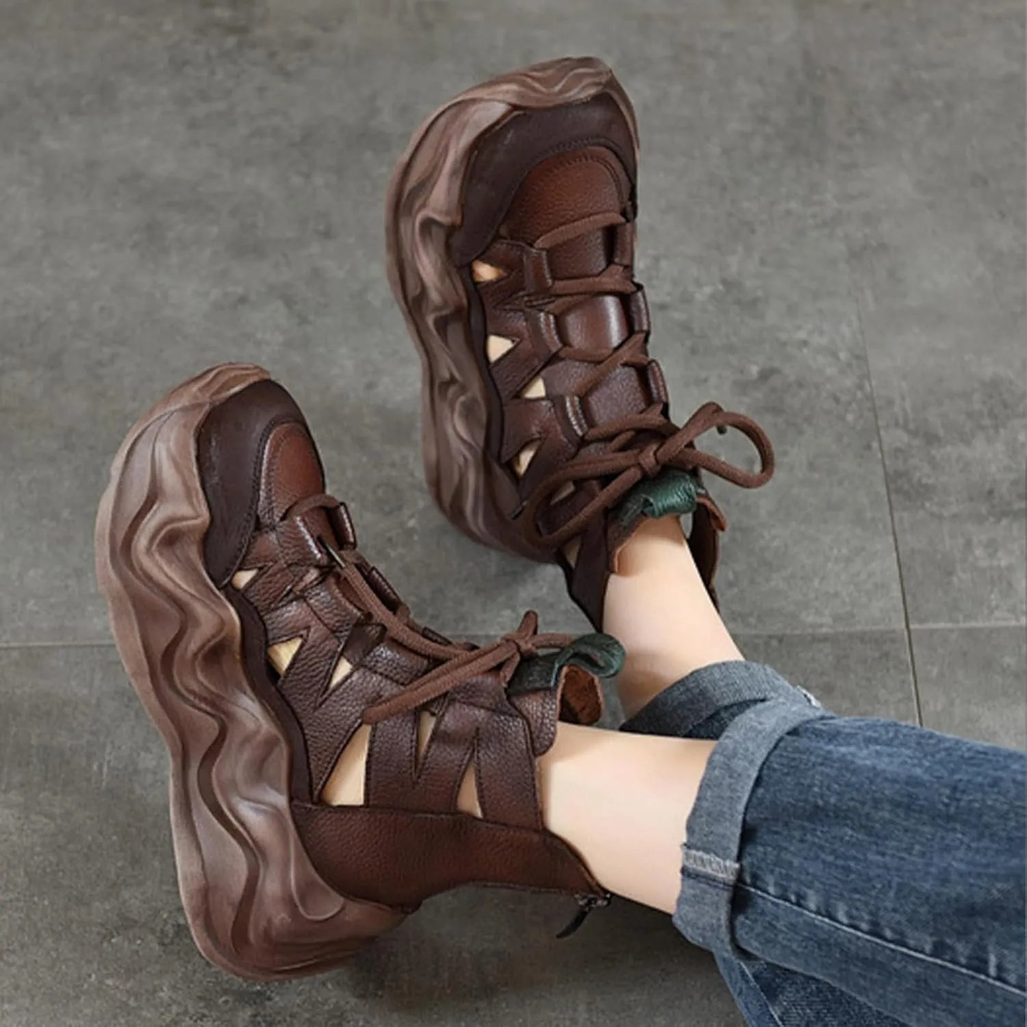 Women's Genuine Leather High Top Lace-Up Platform Rome Sandals With Side Zipper Retro Summe Breathable Hollow out Comfortable Chunky wedge Closed toe Casual Gladiator Boots for Mam walking work