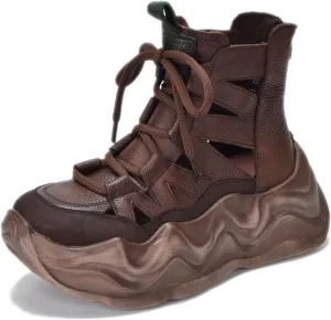 Women's Genuine Leather High Top Lace-Up Platform Rome Sandals With Side Zipper Retro Summe Breathable Hollow out Comfortable Chunky wedge Closed toe Casual Gladiator Boots for Mam walking work