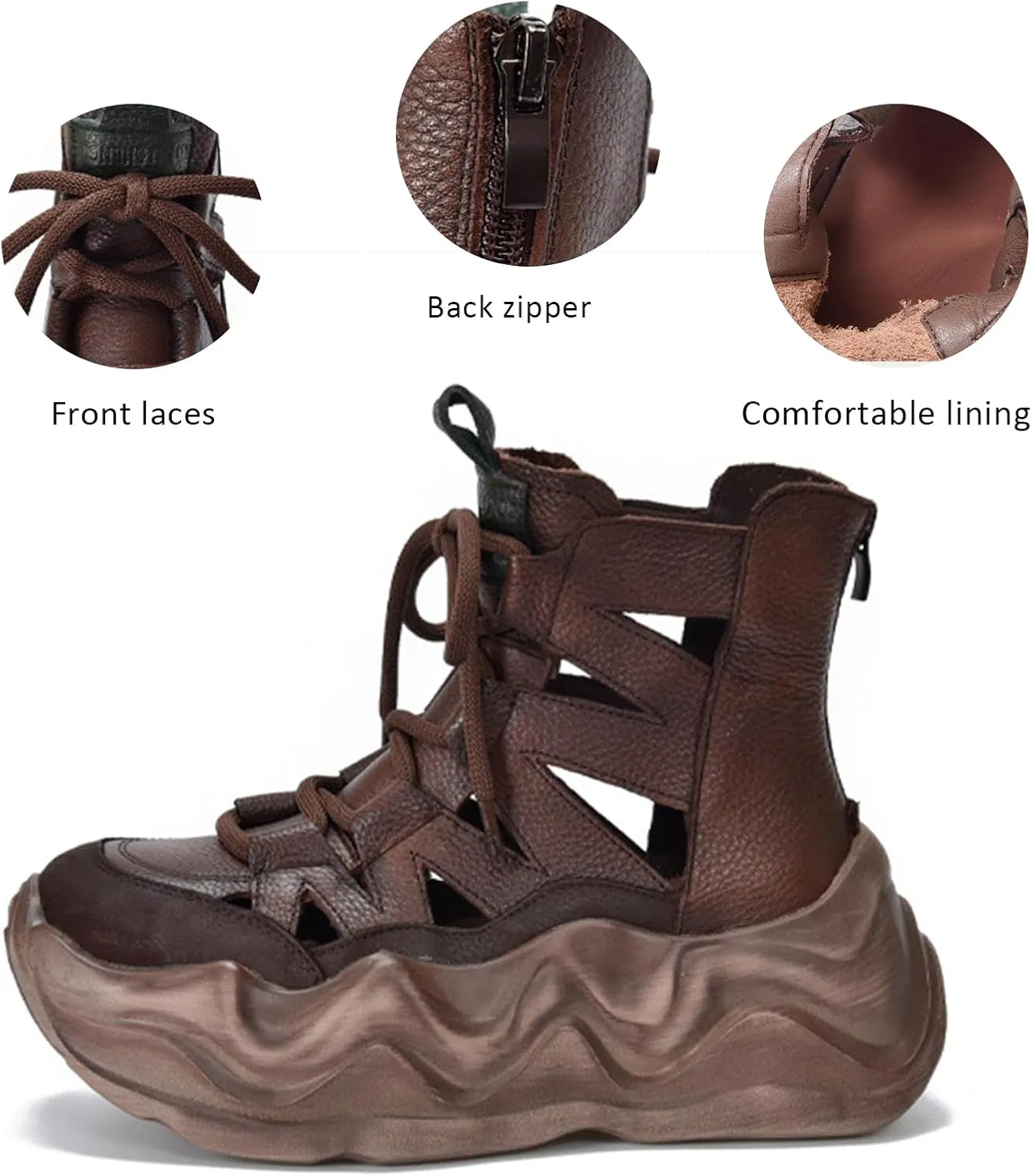 Women's Genuine Leather High Top Lace-Up Platform Rome Sandals With Side Zipper Retro Summe Breathable Hollow out Comfortable Chunky wedge Closed toe Casual Gladiator Boots for Mam walking work