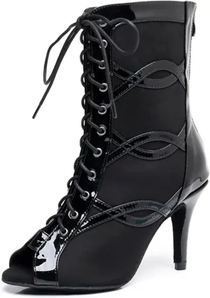 Womens Girls Ballroom Practice Shoes Peep Toe Latin Dance Boots Lace-up Prom Party Ankle Sandals X3229